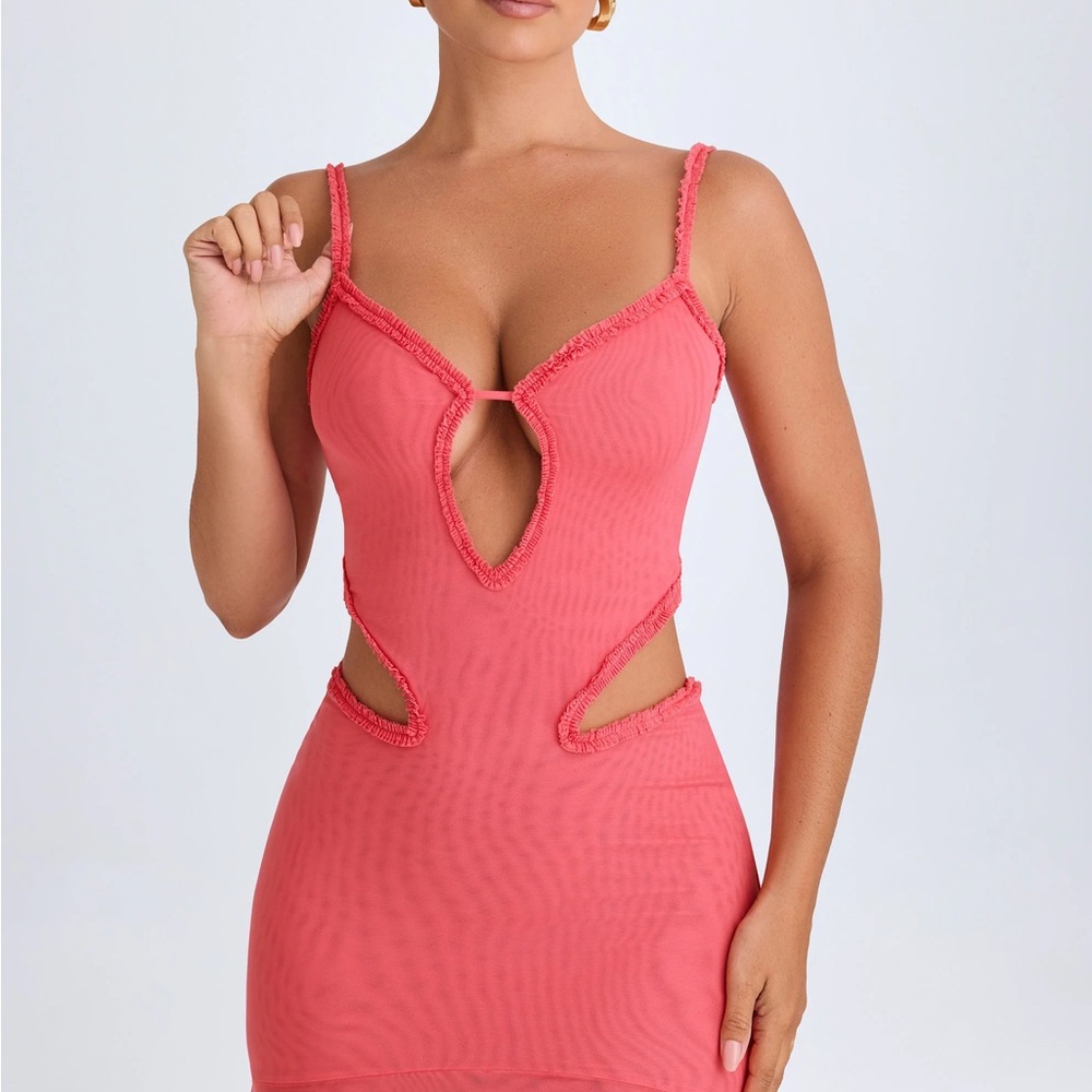 Ruffle-Appliqué Cut-Out Coral Mini Dress
